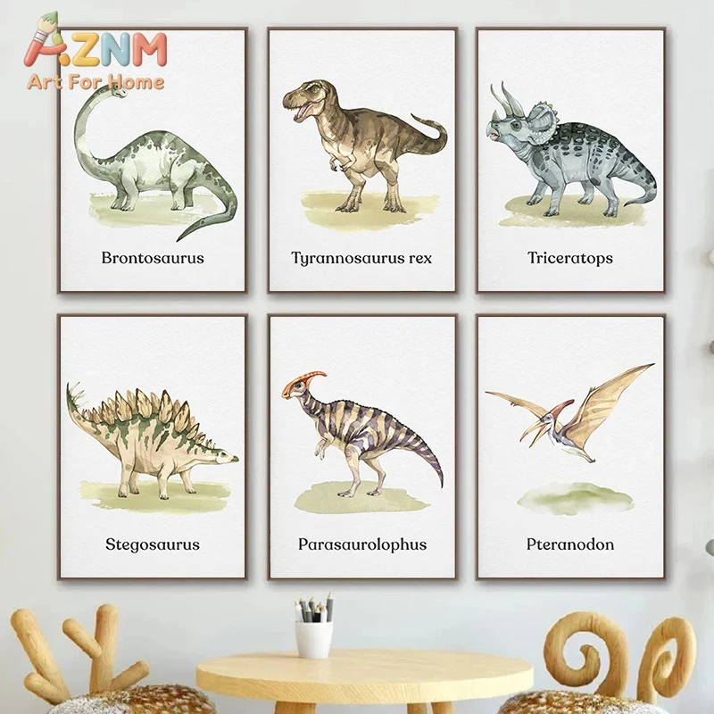Kids Education Name - AZNM 수채화 공룡 캔버스 벽 장식,